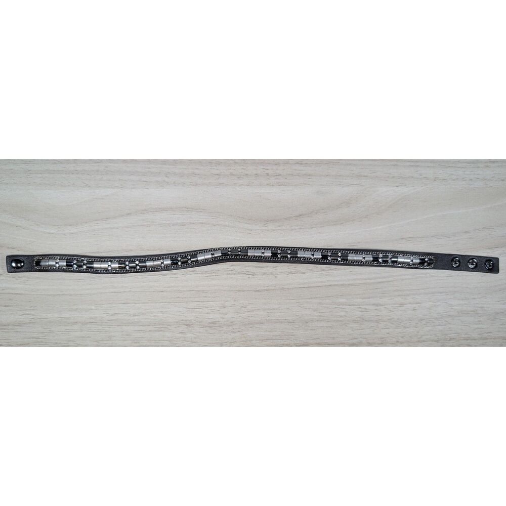 Black Leather Bracelet Silver Bead Chain Inlay Snap Closure Adjustable